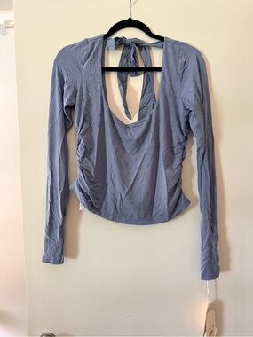 Tie-Back Long Sleeve Scoop-Back Top in Dusty Blue